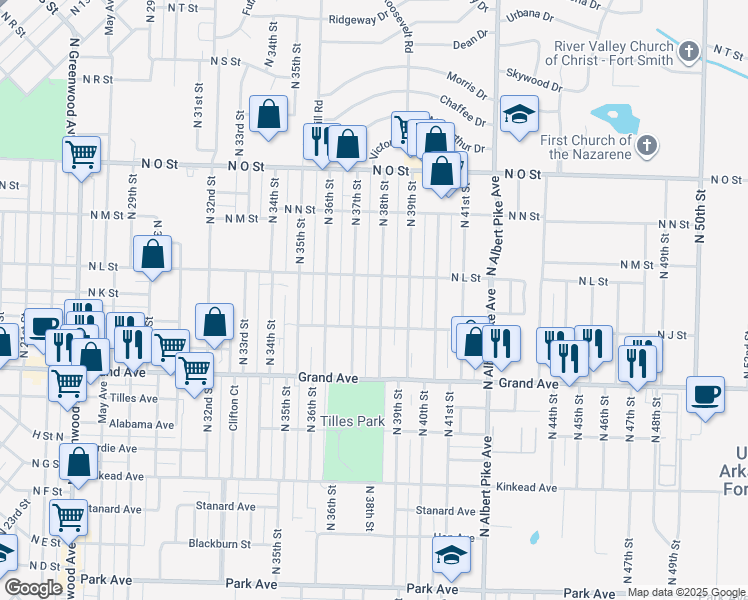 map of restaurants, bars, coffee shops, grocery stores, and more near 1211 North 38th Street in Fort Smith
