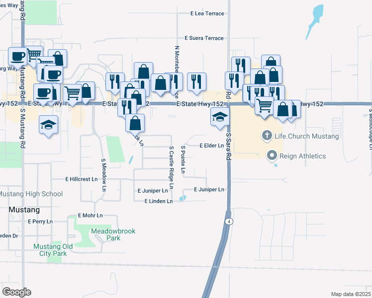 map of restaurants, bars, coffee shops, grocery stores, and more near 404 South Pointe Lane in Mustang