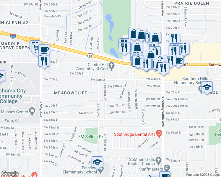 map of restaurants, bars, coffee shops, grocery stores, and more near 2428 Southwest 77th Street in Oklahoma City
