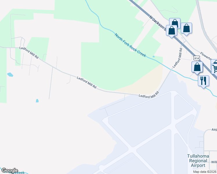 map of restaurants, bars, coffee shops, grocery stores, and more near 320 Ledford Mill Road in Tullahoma