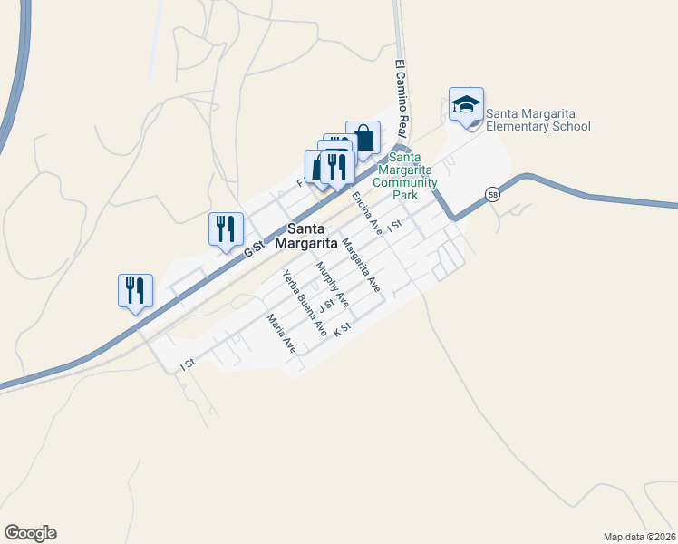 map of restaurants, bars, coffee shops, grocery stores, and more near 22475 I Street in Santa Margarita