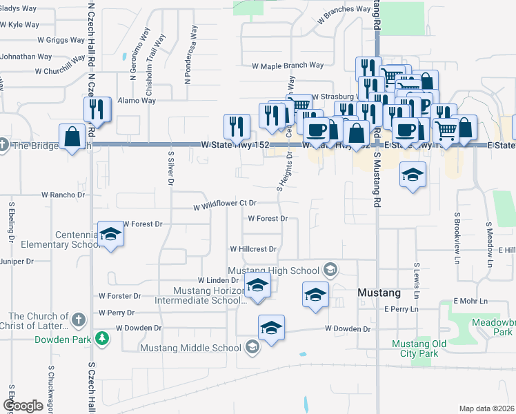 map of restaurants, bars, coffee shops, grocery stores, and more near 451 West Forest Drive in Mustang