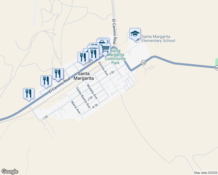 map of restaurants, bars, coffee shops, grocery stores, and more near 2325 J Street in Santa Margarita