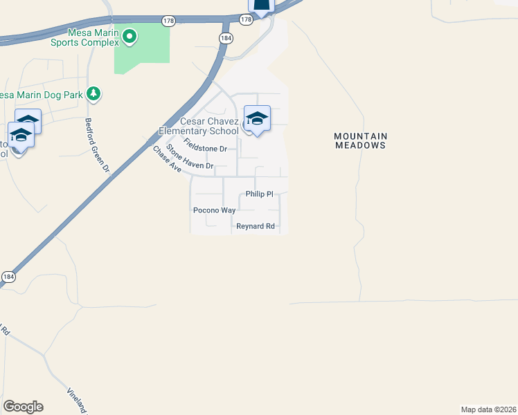 map of restaurants, bars, coffee shops, grocery stores, and more near 11106 Pocono Way in Bakersfield