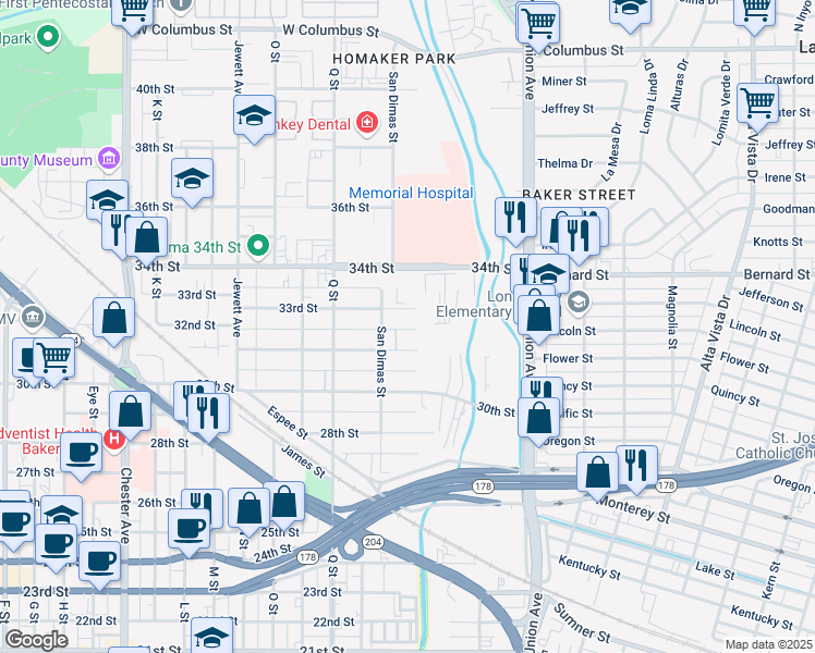 map of restaurants, bars, coffee shops, grocery stores, and more near 505 33rd Street in Bakersfield