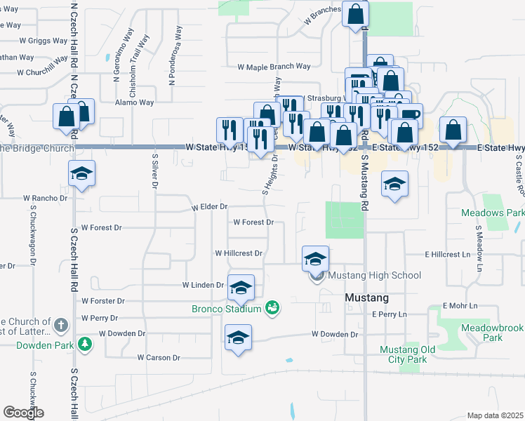 map of restaurants, bars, coffee shops, grocery stores, and more near 415 South Heights Drive in Mustang