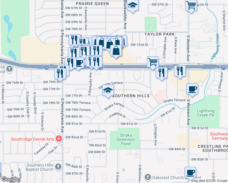 map of restaurants, bars, coffee shops, grocery stores, and more near 1324 Southwest 77th Place in Oklahoma City