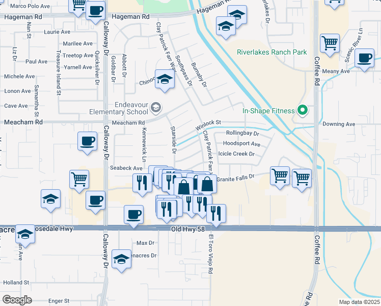 map of restaurants, bars, coffee shops, grocery stores, and more near 9022 Chattaroy Street in Bakersfield