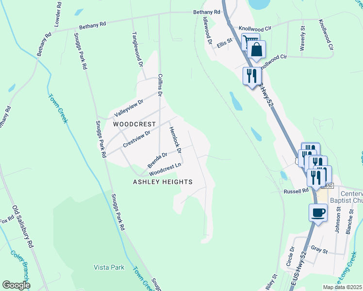 map of restaurants, bars, coffee shops, grocery stores, and more near 1900 Hemlock Drive in Albemarle