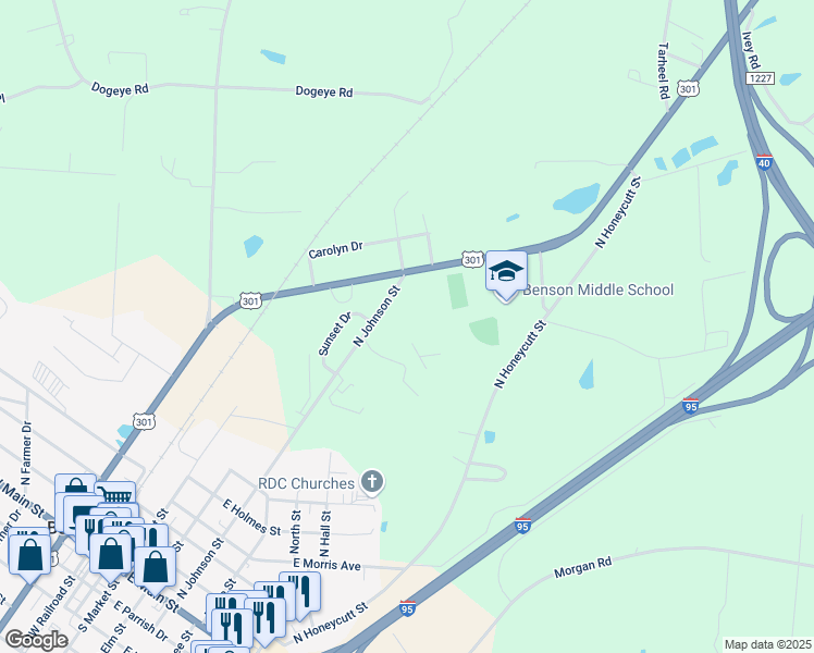 map of restaurants, bars, coffee shops, grocery stores, and more near 1204 North Johnson Street in Benson