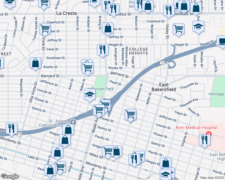 map of restaurants, bars, coffee shops, grocery stores, and more near 916 Grace Street in Bakersfield