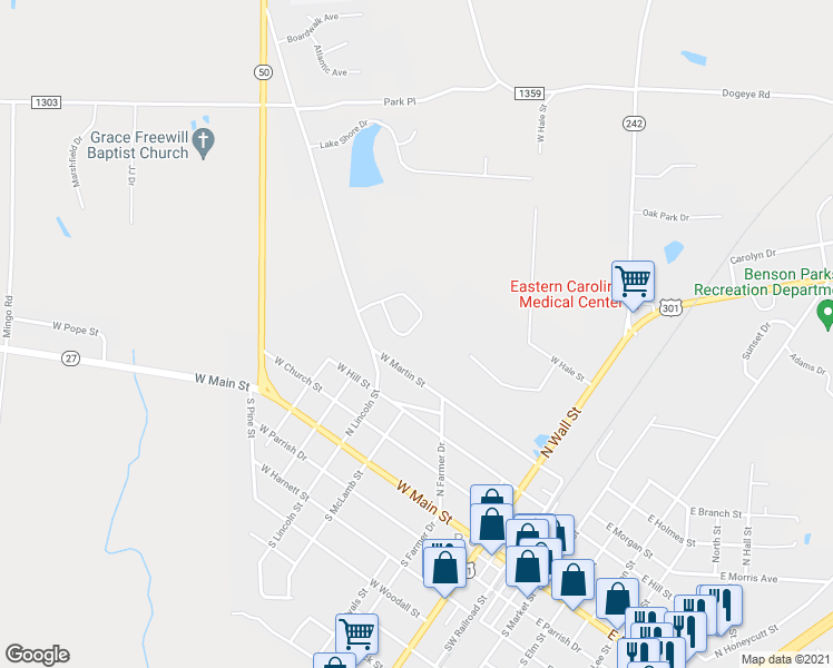 map of restaurants, bars, coffee shops, grocery stores, and more near 131 Colonade Court in Benson