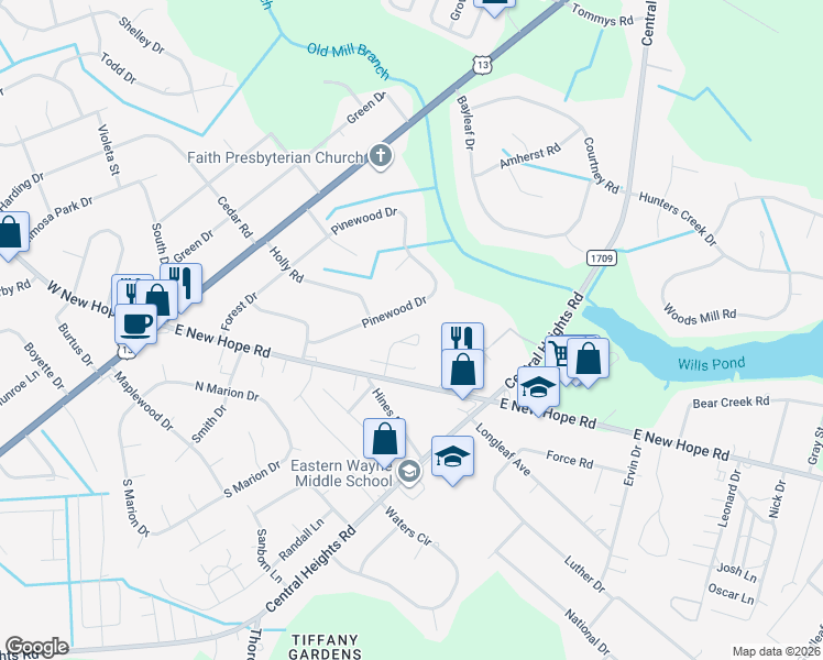 map of restaurants, bars, coffee shops, grocery stores, and more near 116 New Hope Village Drive in Goldsboro