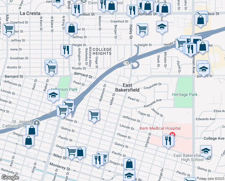 map of restaurants, bars, coffee shops, grocery stores, and more near 1305 Pearl Street in Bakersfield