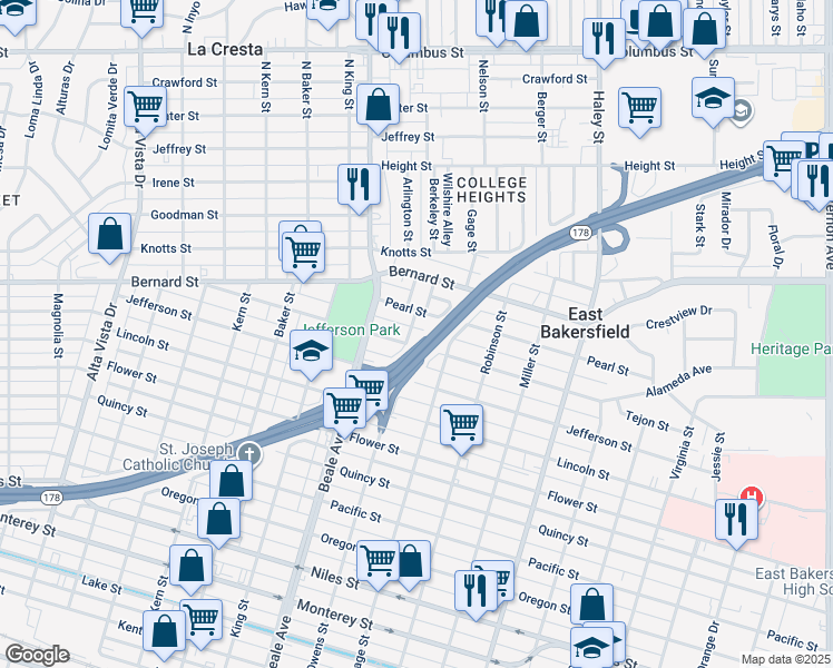map of restaurants, bars, coffee shops, grocery stores, and more near 1013 Grace Street in Bakersfield