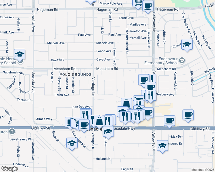 map of restaurants, bars, coffee shops, grocery stores, and more near 10213 Bridgeland Court in Bakersfield