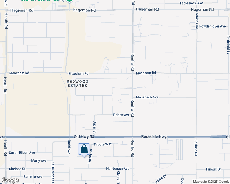 map of restaurants, bars, coffee shops, grocery stores, and more near 3108 Redwood Forest Way in Bakersfield