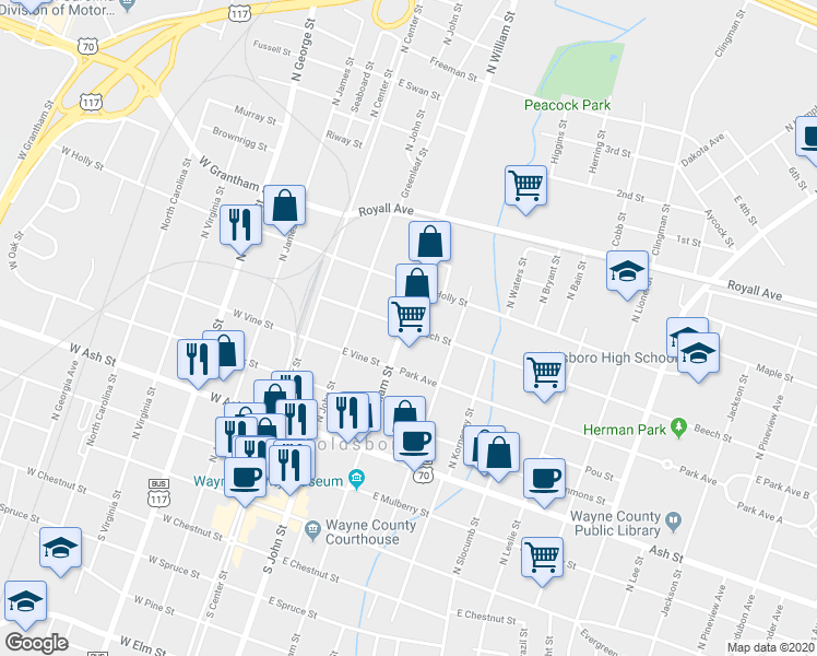 map of restaurants, bars, coffee shops, grocery stores, and more near 510 North William Street in Goldsboro