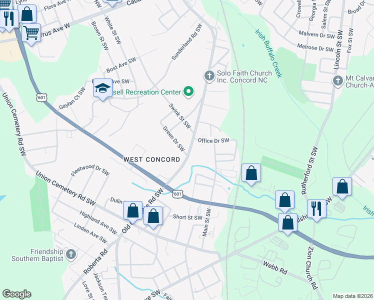 map of restaurants, bars, coffee shops, grocery stores, and more near 715 Old Charlotte Road Southwest in Concord