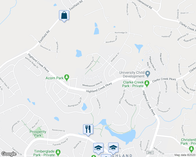 map of restaurants, bars, coffee shops, grocery stores, and more near 8623 Meadowmont View Drive in Charlotte
