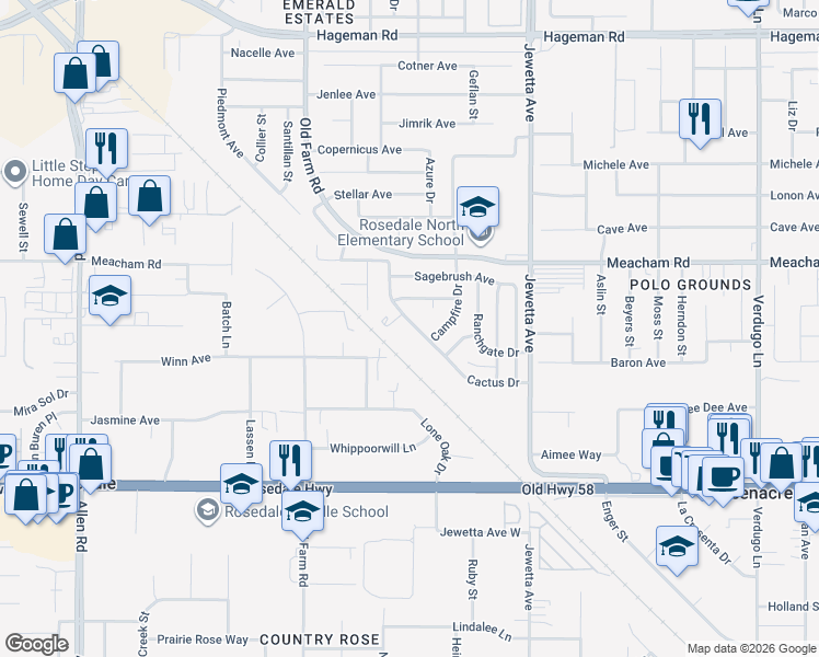 map of restaurants, bars, coffee shops, grocery stores, and more near 11709 Brockridge Court in Bakersfield