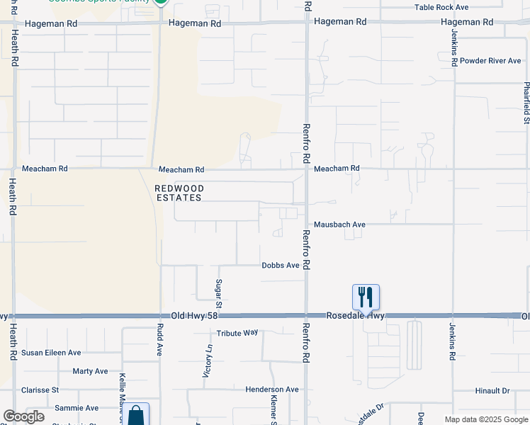map of restaurants, bars, coffee shops, grocery stores, and more near 3108 Redwood Forest Way in Bakersfield