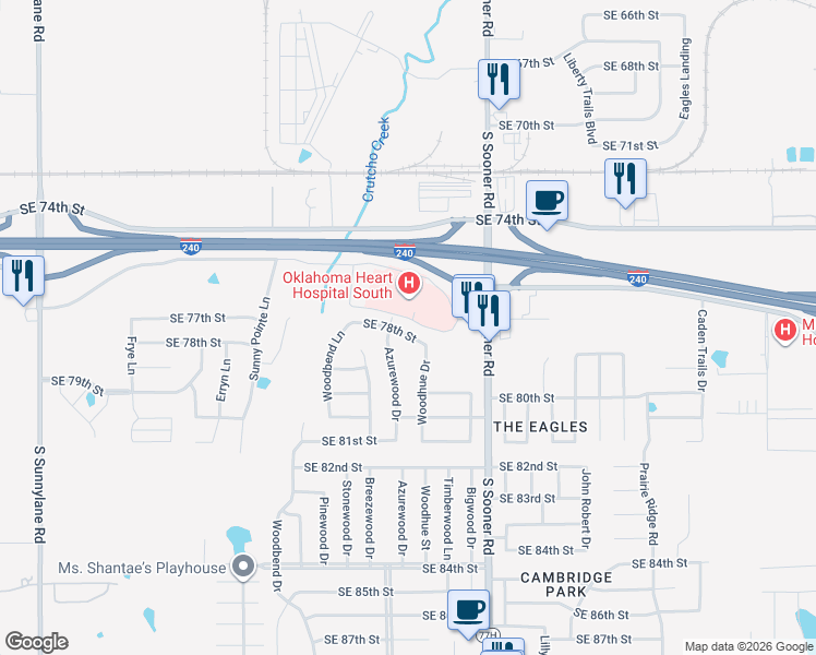 map of restaurants, bars, coffee shops, grocery stores, and more near 5309 Southeast 78th Street in Oklahoma City