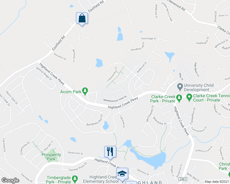 map of restaurants, bars, coffee shops, grocery stores, and more near Meadowmont View Drive in Charlotte