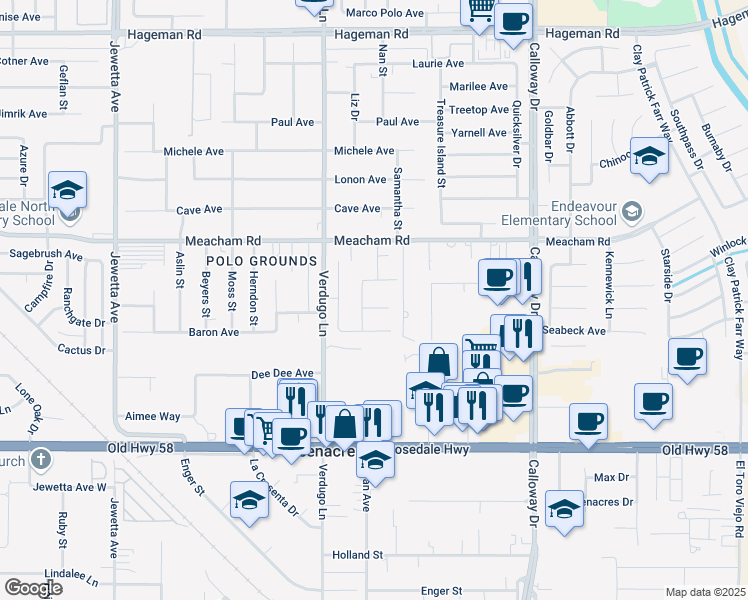 map of restaurants, bars, coffee shops, grocery stores, and more near 10213 Bridgeland Court in Bakersfield