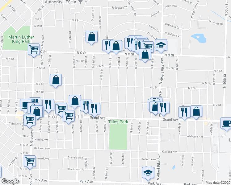 map of restaurants, bars, coffee shops, grocery stores, and more near 1305 North 37th Street in Fort Smith