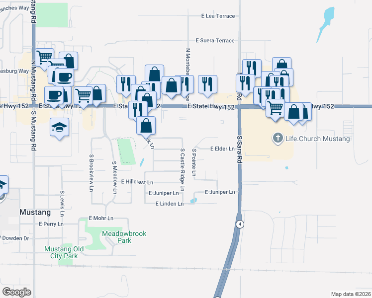map of restaurants, bars, coffee shops, grocery stores, and more near 416 South Castle Ridge Lane in Mustang
