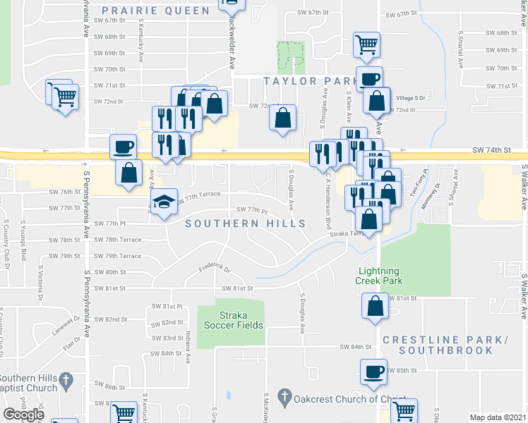 map of restaurants, bars, coffee shops, grocery stores, and more near Southwest 77th Place in Oklahoma City
