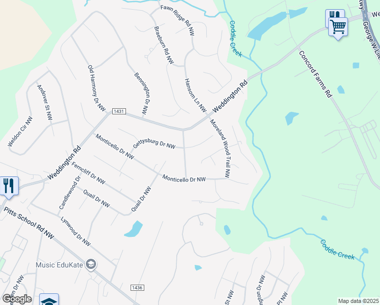 map of restaurants, bars, coffee shops, grocery stores, and more near 1912 Alamance Drive Northwest in Concord