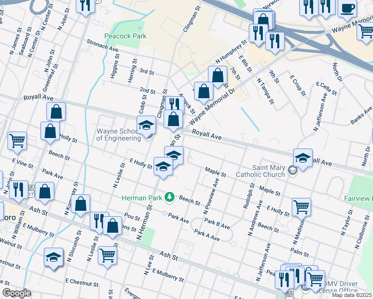 map of restaurants, bars, coffee shops, grocery stores, and more near 819 Maple Street in Goldsboro