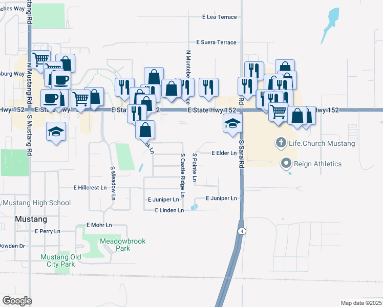 map of restaurants, bars, coffee shops, grocery stores, and more near 403 South Pointe Lane in Mustang