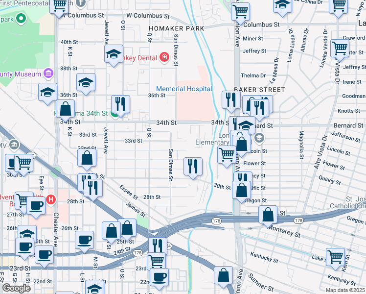 map of restaurants, bars, coffee shops, grocery stores, and more near 500 31st Street in Bakersfield