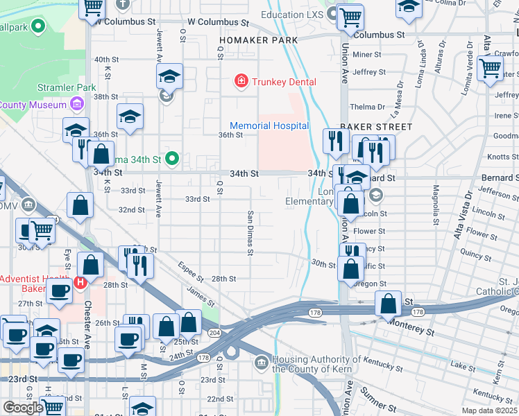map of restaurants, bars, coffee shops, grocery stores, and more near 3100 San Dimas Street in Bakersfield