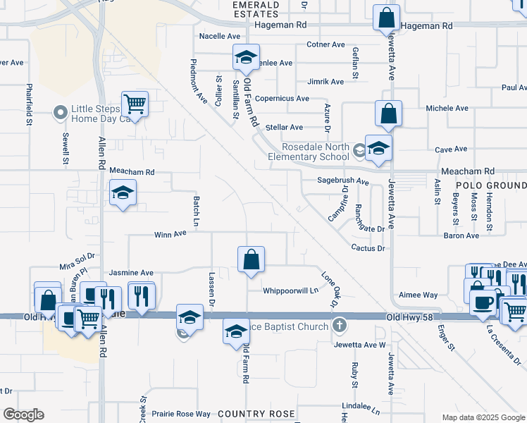 map of restaurants, bars, coffee shops, grocery stores, and more near 12000 Brockridge Court in Bakersfield