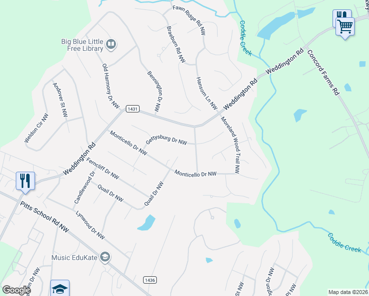 map of restaurants, bars, coffee shops, grocery stores, and more near 1984 Quail Drive Northwest in Concord
