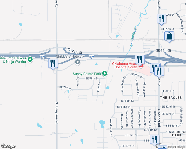 map of restaurants, bars, coffee shops, grocery stores, and more near 4616 Southeast 78th Street in Oklahoma City