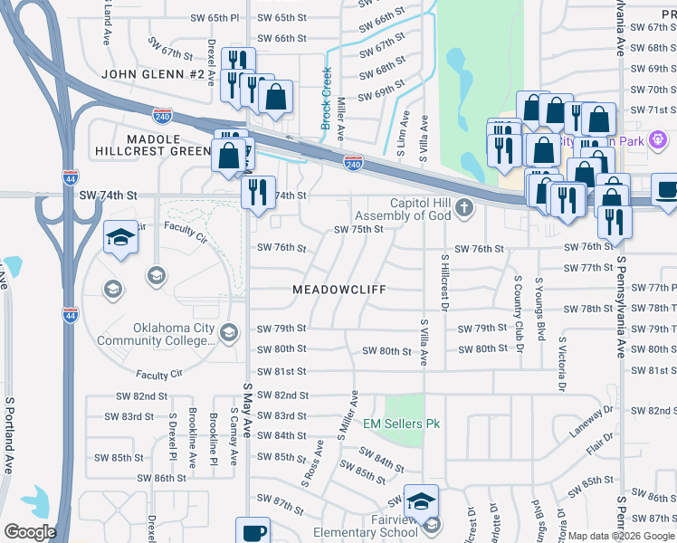 map of restaurants, bars, coffee shops, grocery stores, and more near 7708 South Sherwood Avenue in Oklahoma City