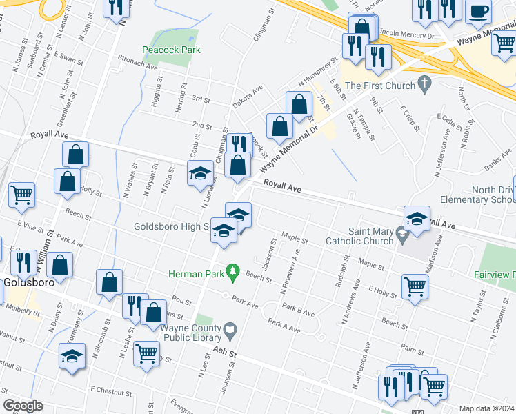 map of restaurants, bars, coffee shops, grocery stores, and more near 821 Maple Street in Goldsboro