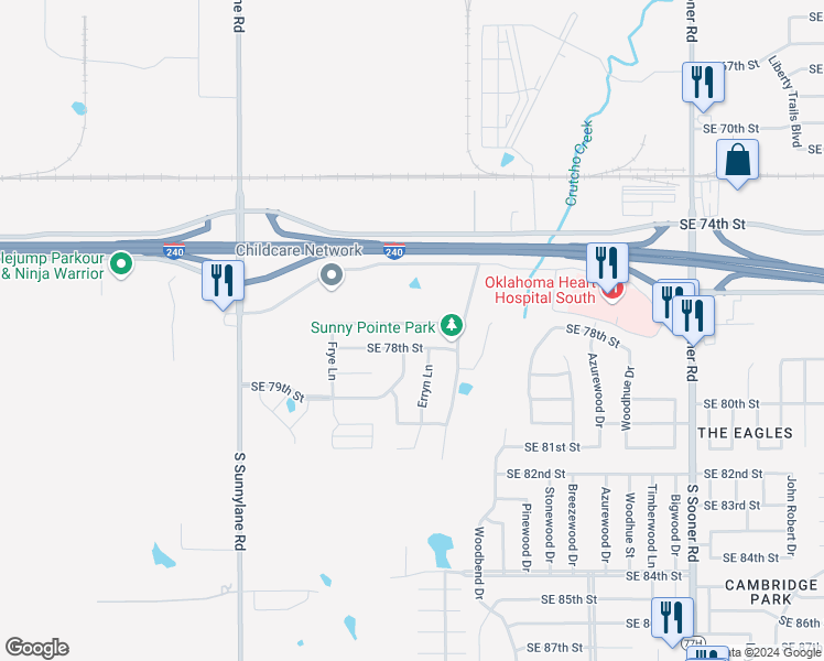 map of restaurants, bars, coffee shops, grocery stores, and more near 4704 Southeast 77th Street in Oklahoma City