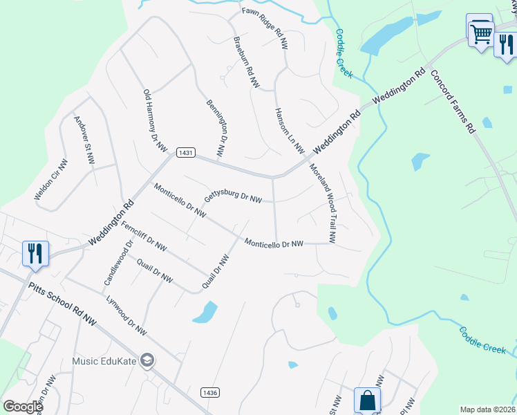 map of restaurants, bars, coffee shops, grocery stores, and more near 1984 Quail Drive Northwest in Concord