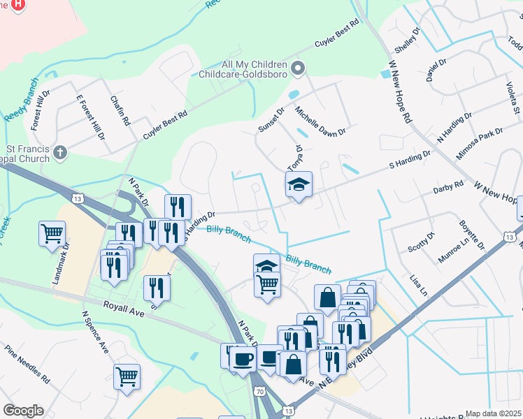 map of restaurants, bars, coffee shops, grocery stores, and more near 1300 South Harding Drive in Goldsboro