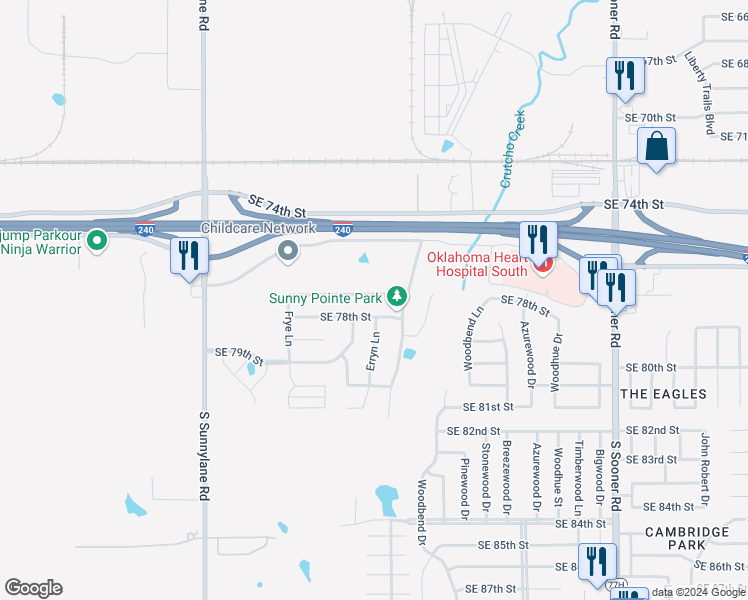 map of restaurants, bars, coffee shops, grocery stores, and more near 4714 Southeast 77th Street in Oklahoma City