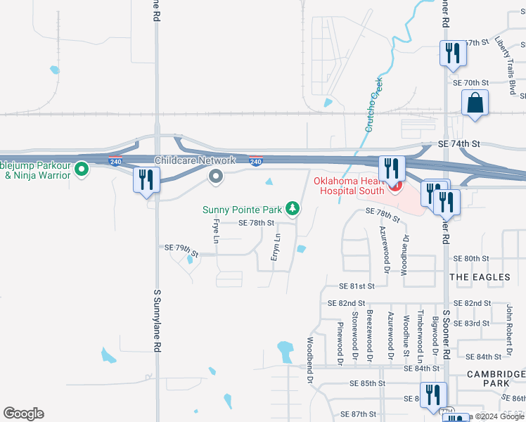 map of restaurants, bars, coffee shops, grocery stores, and more near 4702 Southeast 77th Street in Oklahoma City