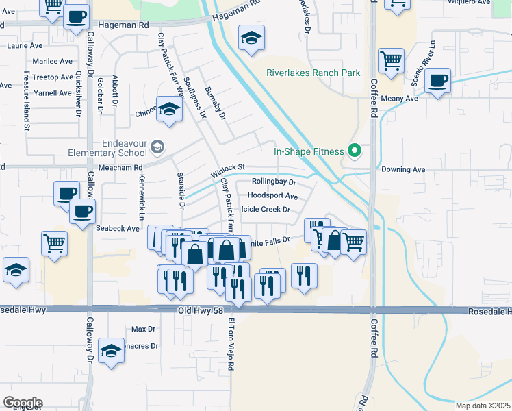 map of restaurants, bars, coffee shops, grocery stores, and more near 8712 Icicle Creek Drive in Bakersfield