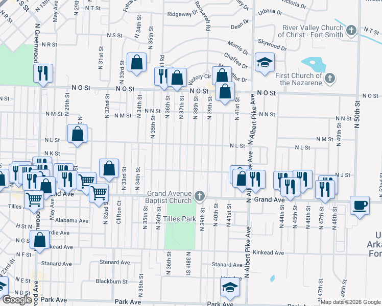 map of restaurants, bars, coffee shops, grocery stores, and more near 1311 North 38th Street in Fort Smith