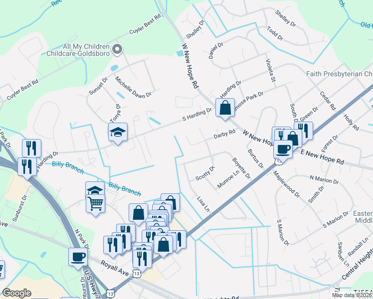 map of restaurants, bars, coffee shops, grocery stores, and more near 1504 Darby Place in Goldsboro